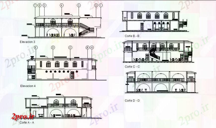 دانلود نقشه هتل - رستوران - اقامتگاه همه نما و بخش جزئیات طرفه دو طبقه رستوران 15 در 17 متر (کد122671)