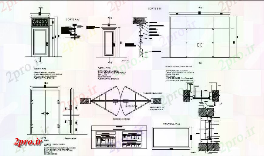 دانلود نقشه جزئیات طراحی در و پنجره  تنها و دو درب نما و نصب و راه اندازی طراحی جزئیات  (کد122708)