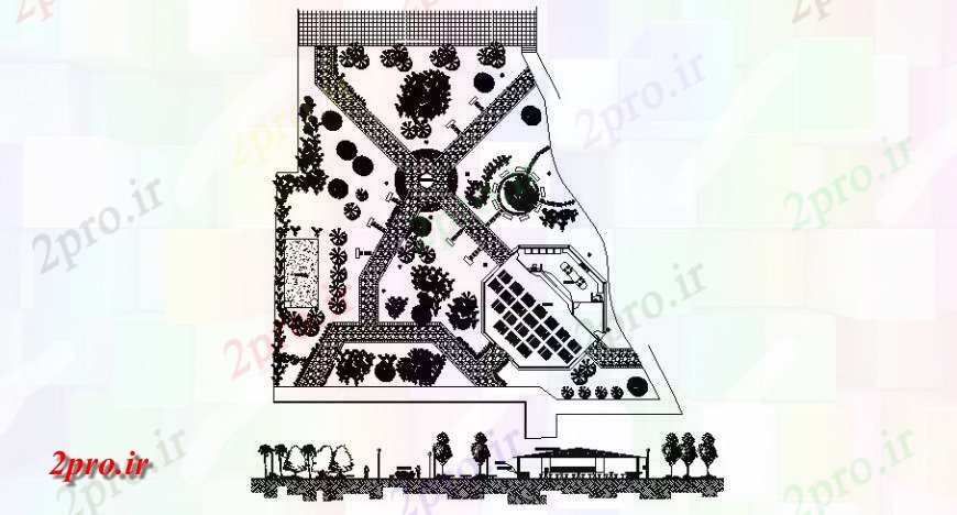 دانلود نقشه باغ طرحی منطقه باغ اتوکد 16 در 16 متر (کد122806)