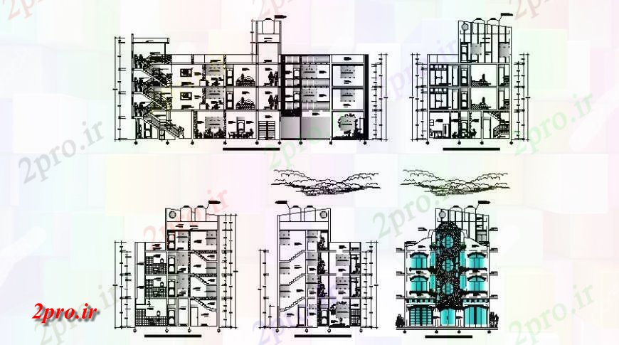 دانلود نقشه ساختمان اداری - تجاری - صنعتی آپارتمان مسکونی آپارتمان تمام نما و بخش طرفه 11 در 27 متر (کد122929)