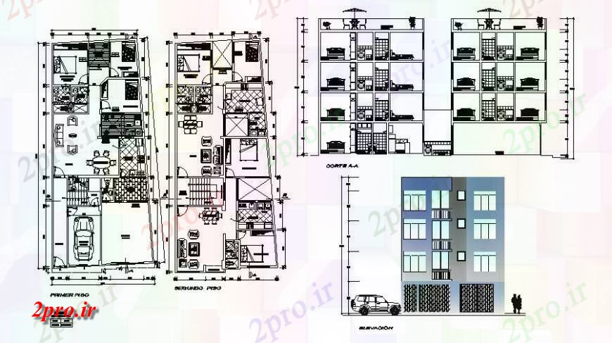 دانلود نقشه مسکونی  ، ویلایی ، آپارتمان  چهار طبقه مسکونی نما ساختمان، بخش و طرحی طبقه  (کد122939)