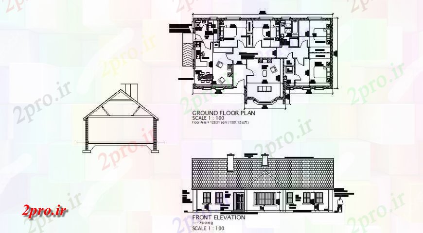 دانلود نقشه مسکونی  ، ویلایی ، آپارتمان  جلو، بخش برش و طرحی طبقه همکف جزئیات طرحی خانه (کد123001)