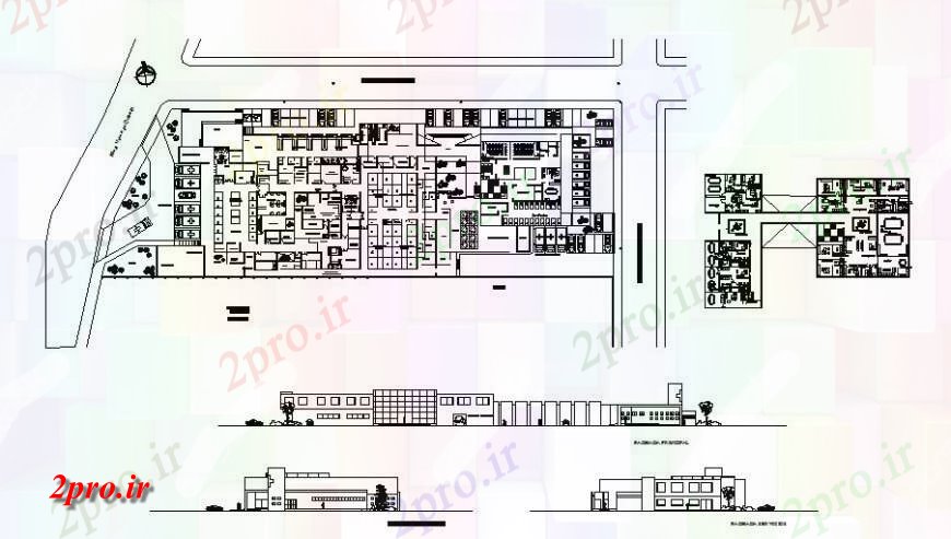 دانلود نقشه بیمارستان - درمانگاه - کلینیک بیمارستان تمام نما طرفه، طرحی توزیع و طرحی طبقه 46 در 118 متر (کد123012)