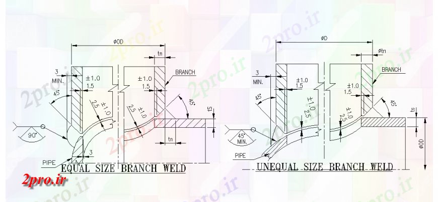 دانلود نقشه جزئیات ساخت و ساز شاخه اندازه نابرابر طراحی  جوش (کد123028)