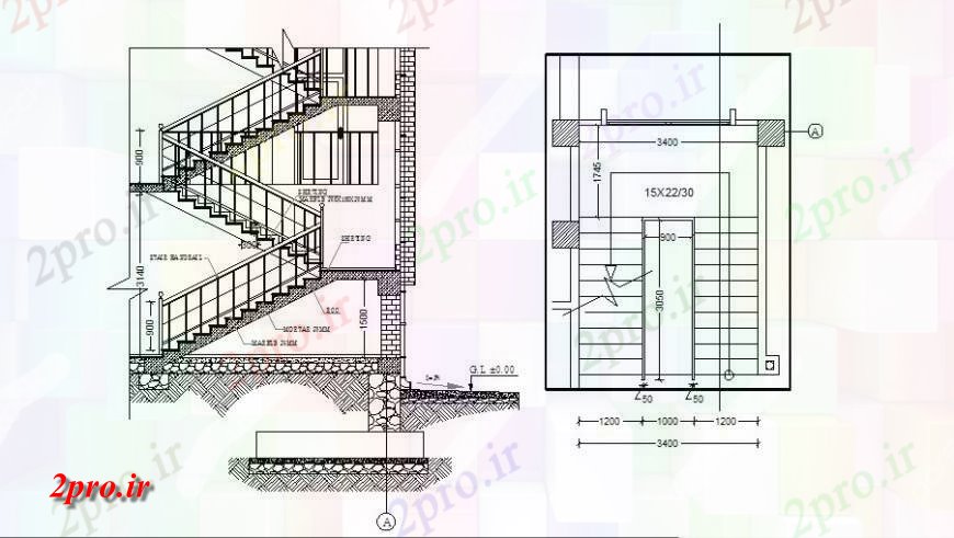 دانلود نقشه جزئیات پله و راه پله   بخش راه پله و جزئیات ساختار سازنده از سه سطح خانه (کد123114)
