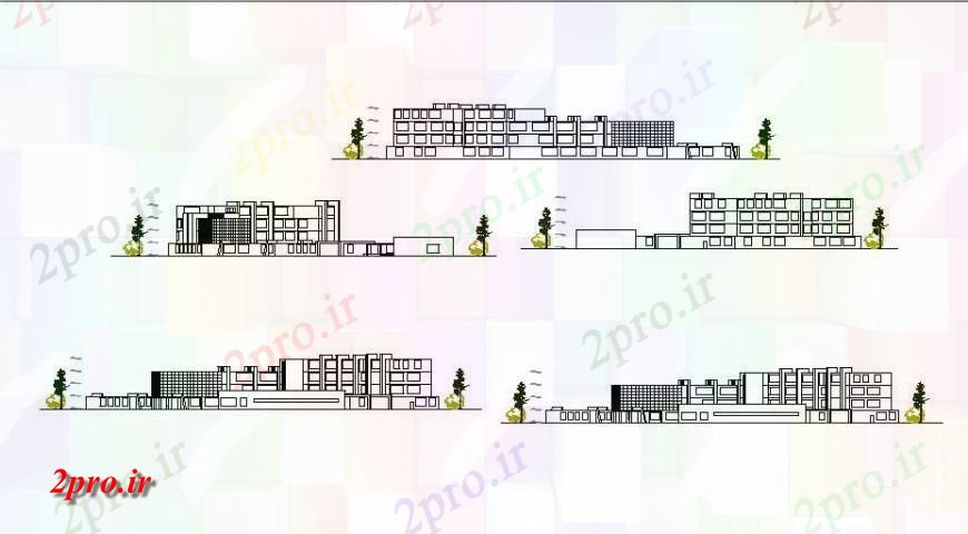 دانلود نقشه دانشگاه ، آموزشکده ، مدرسه ، هنرستان ، خوابگاه -  تمام جزئیات نما طرفه از مدرسه چند طبقه ساخت (کد123152)