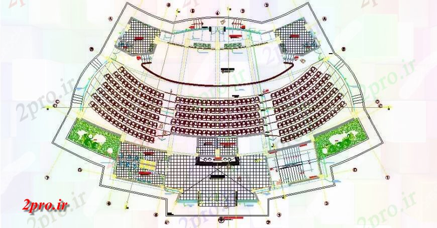 دانلود نقشه تئاتر چند منظوره - سینما - سالن کنفرانس - سالن همایشسالن سالن طبقه همکف طرحی معماری طرحی 26 در 39 متر (کد123207)