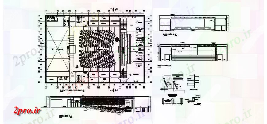 دانلود نقشه تئاتر چند منظوره - سینما - سالن کنفرانس - سالن همایشسالن سالن تمام بخش و طراحی طرفه 34 در 50 متر (کد123211)