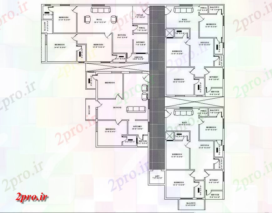 دانلود نقشه مسکونی ، ویلایی ، آپارتمان آپارتمان توزیع کف طراحی خودکار جزئیات 103 در 110 متر (کد123305)