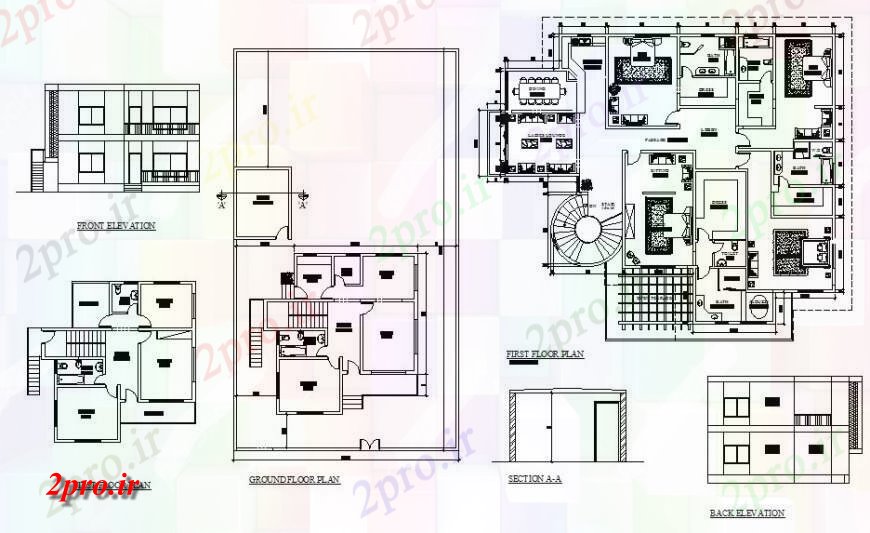 دانلود نقشه مسکونی ، ویلایی ، آپارتمان دو طبقه نما خانه، بخش، همکف و طبقه اول طرحی 80 در 90 متر (کد123315)