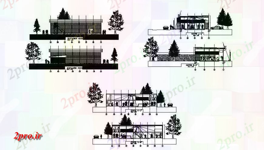 دانلود نقشه هتل - رستوران - اقامتگاه دیسکو تمام نما طرفه و بخش 20 در 26 متر (کد123362)