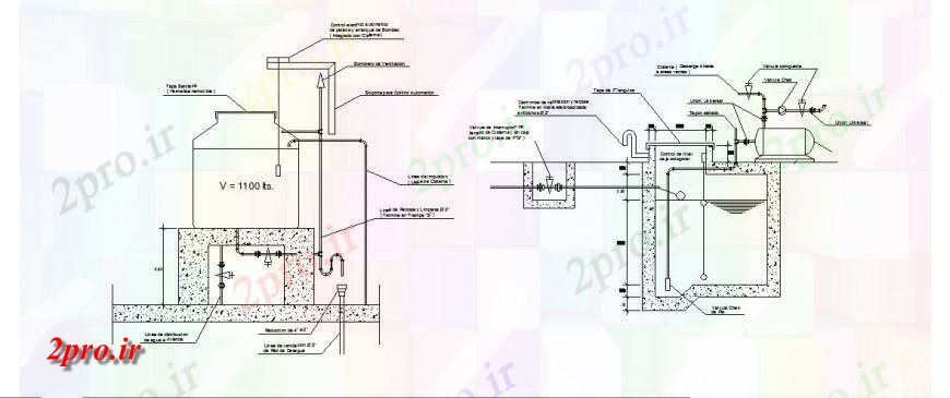 دانلود نقشه جزئیات لوله کشی مخزن آب برای بخش خانه و ساختار لوله کشی  جزئیات (کد123376)