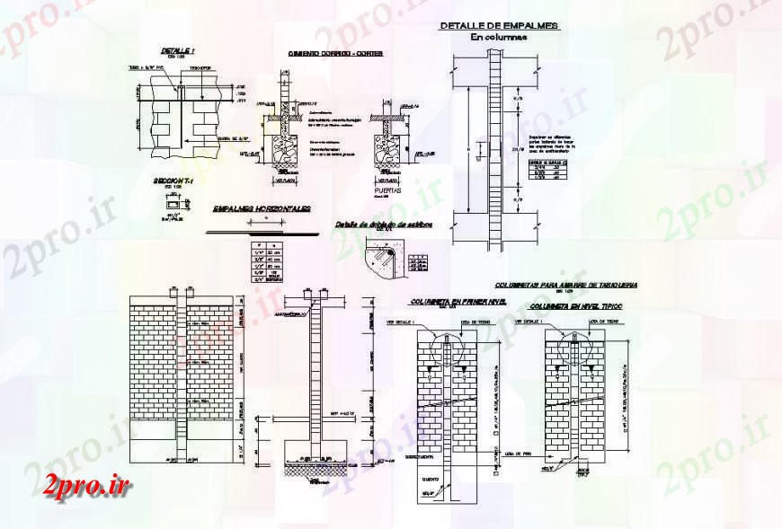 دانلود نقشه جزئیات ساخت و ساز آجر جزئیات ساخت و ساز دیوار با پایه و اساس و  ستون  (کد123432)