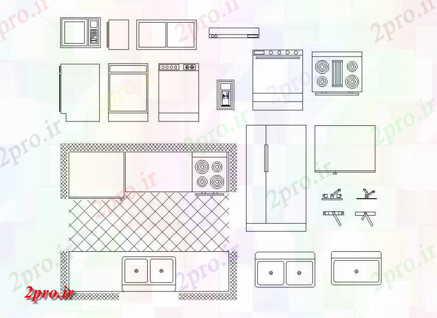 دانلود نقشه طراحی مبلمان آشپزخانه چند آشپزخانه بلوک خودکار  (کد123462)