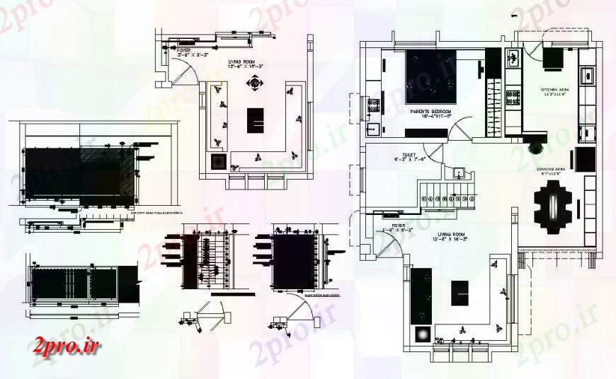 دانلود نقشه مسکونی ، ویلایی ، آپارتمان یک خانواده طرحی معماری خانه و کابینه تلویزیون 8 در 11 متر (کد123466)