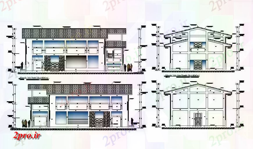 دانلود نقشه مسکونی ، ویلایی ، آپارتمان نما و نما و بخش سمت جزئیات دو طبقه خانه 12 در 18 متر (کد123511)