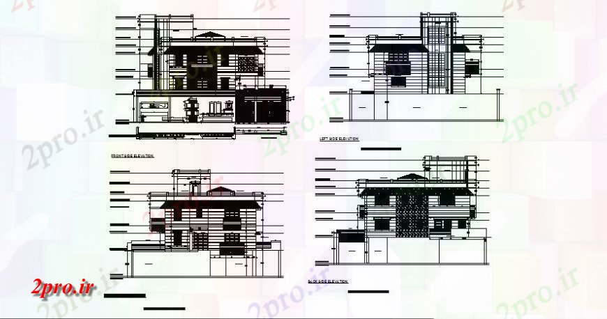 دانلود نقشه مسکونی ، ویلایی ، آپارتمان یکی خانواده مدرن دو طبقه ویلا تمام نما طرفه طراحی جزئیات 18 در 18 متر (کد123575)