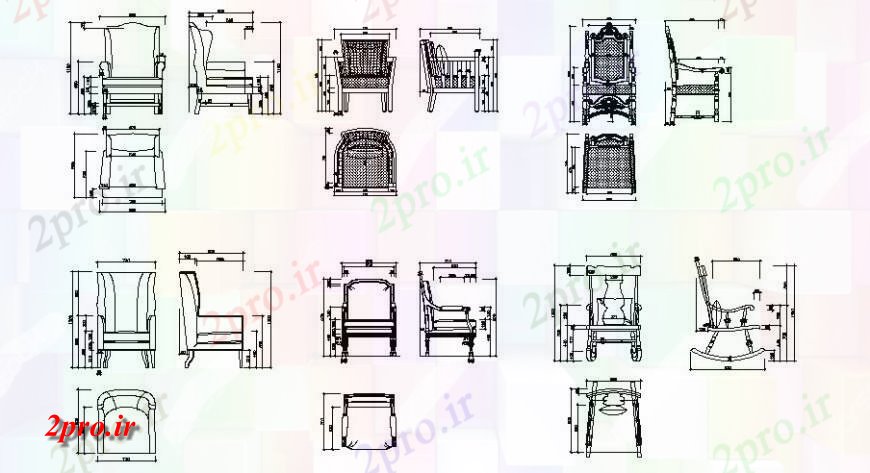 دانلود نقشه میز و صندلی مختلف طراحی صندلی نما جزئیات  دو بعدی  بلوک های مبلمان  (کد123663)
