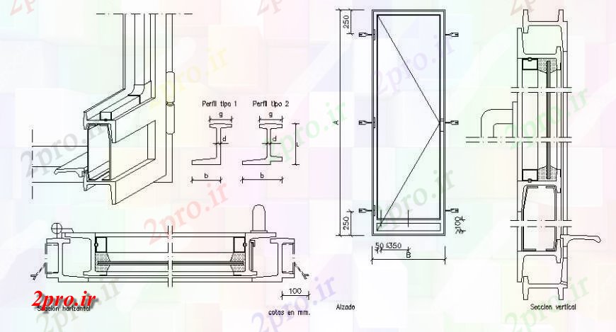 دانلود نقشه جزئیات طراحی در و پنجره  جزئیات درب نما  دو بعدی  و بلوک مقطعی  (کد123673)