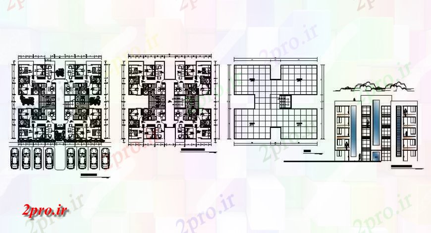 دانلود نقشه مسکونی  ، ویلایی ، آپارتمان  آپارتمان مسکونی کار طرحی و نما دو بعدی   (کد123704)