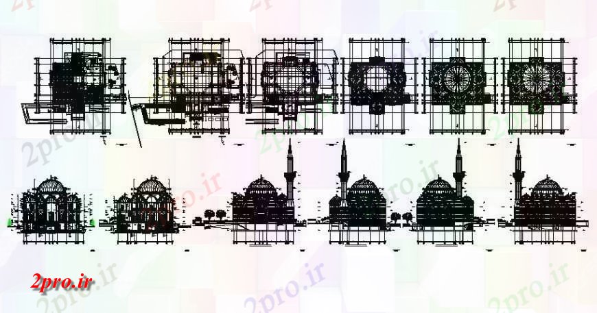 دانلود نقشه کلیسا - معبد - مکان مذهبی مسجد طرحی ساختمان و بلوک نما جزئیات دو بعدی 21 در 21 متر (کد123716)