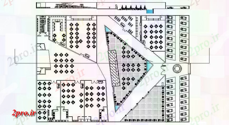 دانلود نقشه جزئیات فضای داخلی ناهار خوری ساختمان رستوران دو بعدی طرحی کار 21 در 31 متر (کد123720)