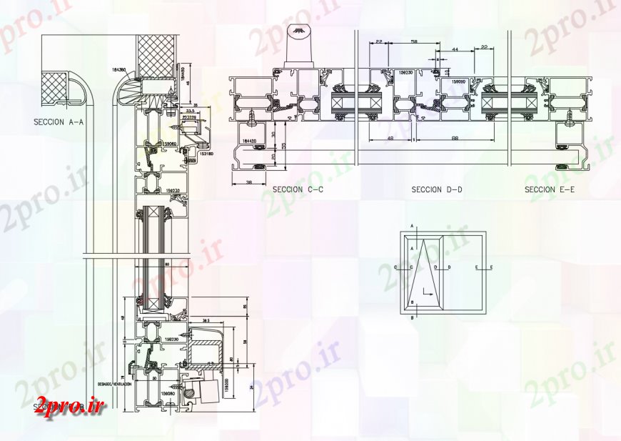 دانلود نقشه جزئیات طراحی در و پنجره  جزئیات بخشی نوسان بلوک های کشویی پنجره واحد دو بعدی   (کد123725)