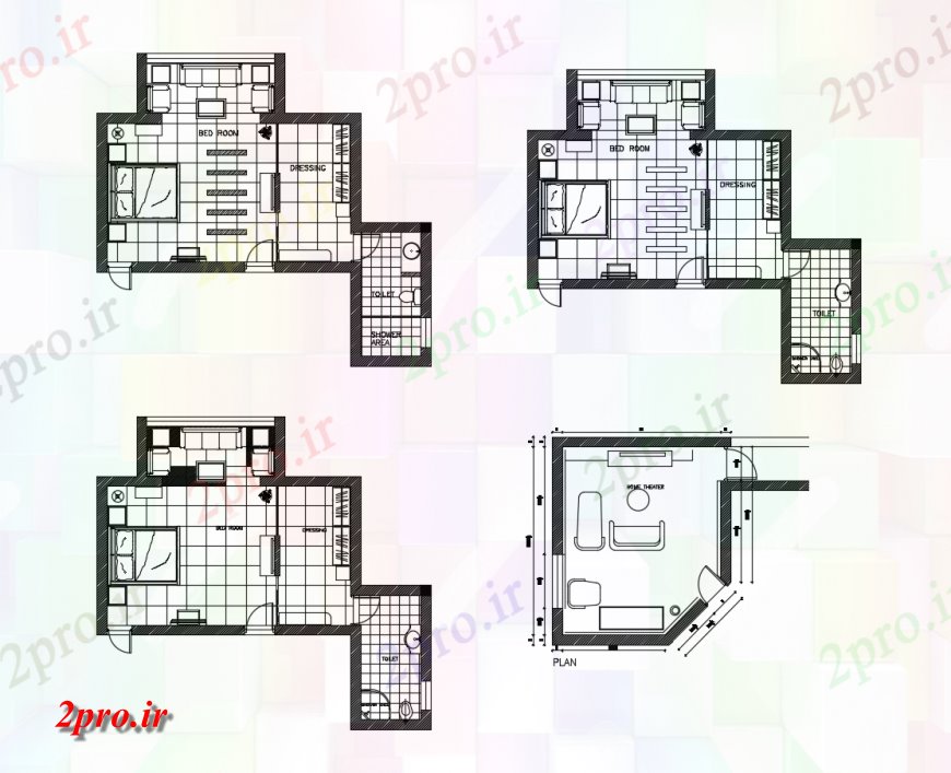 دانلود نقشه حمام مستر منطقه اتاق خواب کار طرحی جزئیات دو بعدی 37 در 39 متر (کد123754)