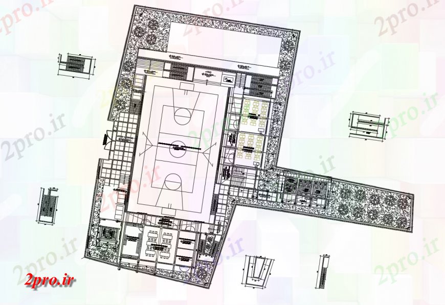 دانلود نقشه ورزشگاه ، سالن ورزش ، باشگاه بازی های ورزشی زمین بازی واحد جزئیات دو بعدی 144 در 166 متر (کد123782)