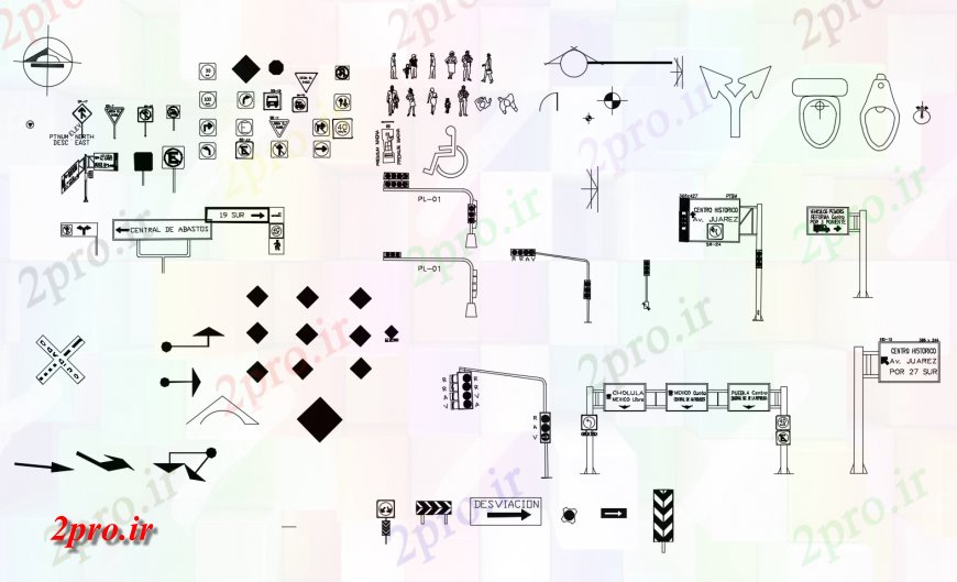 دانلود نقشه بلوک ، آرام ، نماد جاده  نشانه و علامت جزئیات  دو بعدی   چیدمان اتوکد (کد123809)