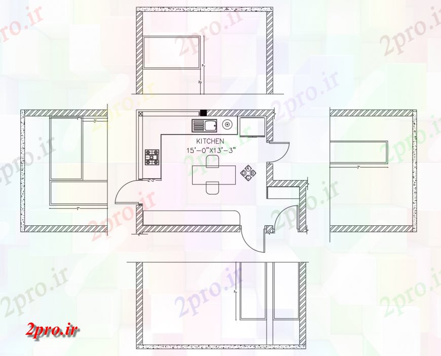 دانلود نقشه جزئیات طراحی ساخت آشپزخانه طرحی کار آشپزخانه با لوازم  دو بعدی   (کد123830)