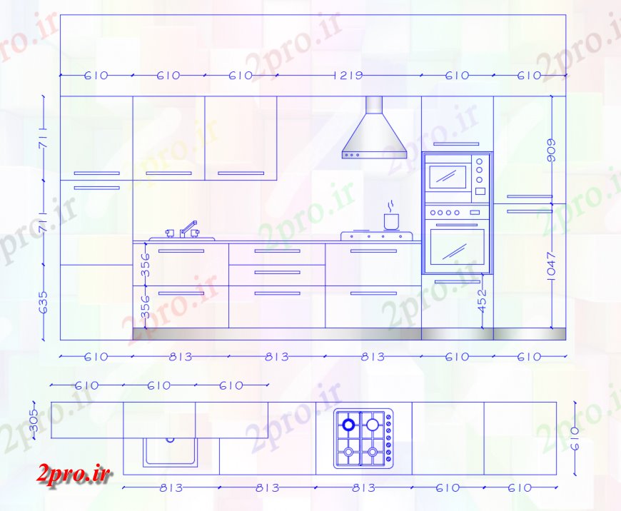 دانلود نقشه جزئیات طراحی ساخت آشپزخانه طرحی و نما داخلی آشپزخانه  دو بعدی   (کد123835)