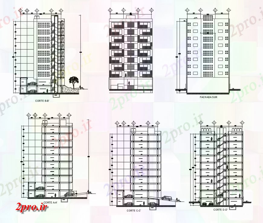 دانلود نقشه مسکونی  ، ویلایی ، آپارتمان  آپارتمان نما ساختمان و بخش  دو بعدی   (کد123879)