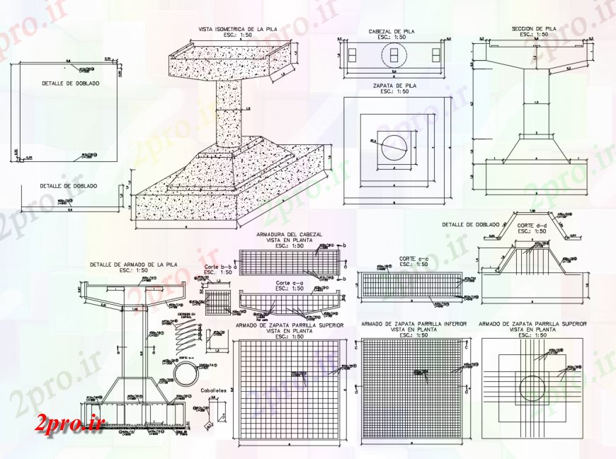 دانلود نقشه طراحی اتوکد پایه جزئیات پد پای RCC ساختار  (کد123885)