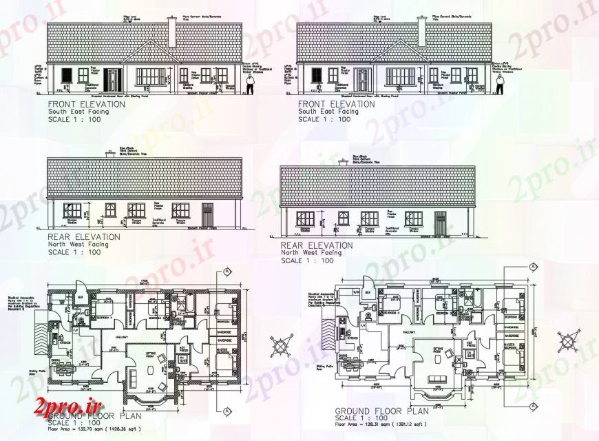 دانلود نقشه مسکونی  ، ویلایی ، آپارتمان  طرحی طبقه و نما خانه مسکونی  دو بعدی   (کد123888)