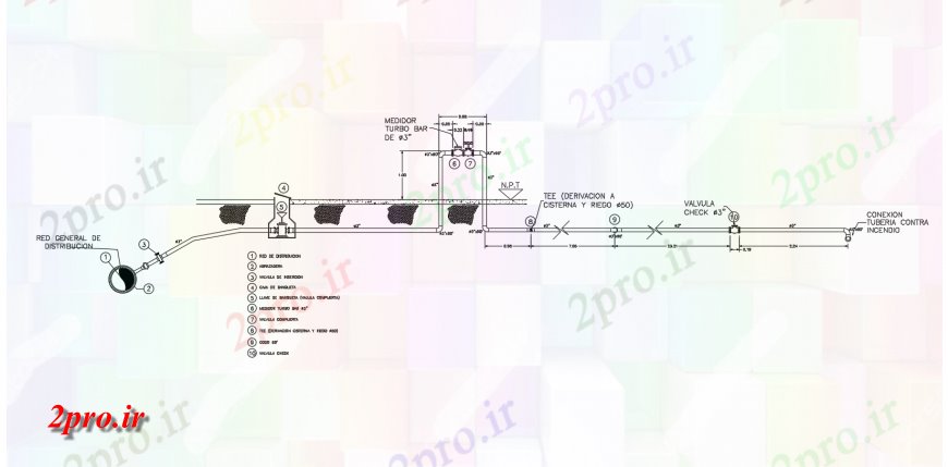 دانلود نقشه جزئیات لوله کشی سیستم توزیع آب  برش دو بعدی  از بخش  (کد123900)