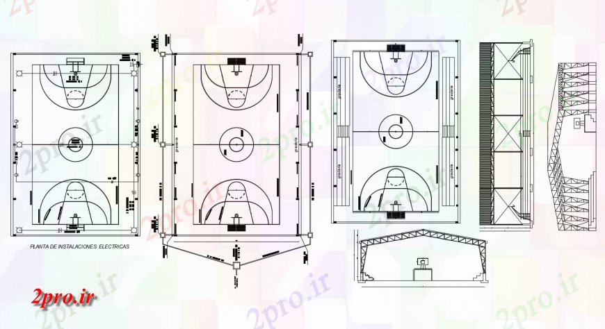 دانلود نقشه ورزشگاه ، سالن ورزش ، باشگاه بسکتبال جزئیات زمین طرحی دو بعدی 22 در 32 متر (کد123902)