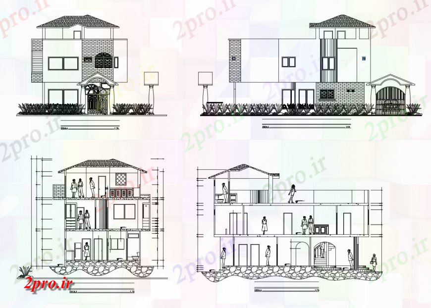 دانلود نقشه مسکونی  ، ویلایی ، آپارتمان  نما خانه های مسکونی و بخش  دو بعدی   (کد123935)