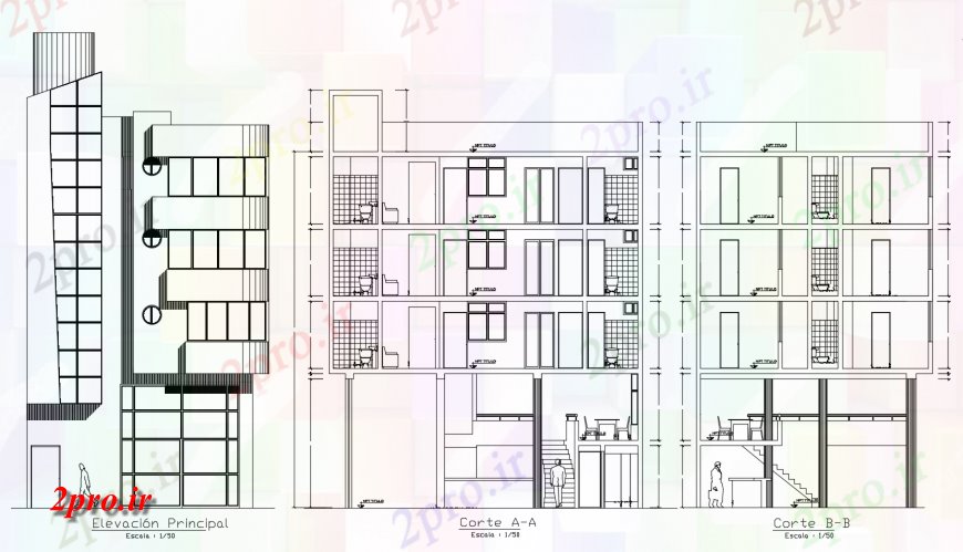 دانلود نقشه مسکونی  ، ویلایی ، آپارتمان  نما و جزئیات مقطعی آپارتمان   (کد123937)