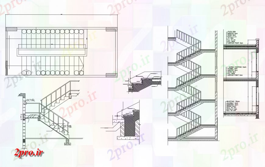دانلود نقشه جزئیات پله و راه پله   طرحی ساخت و ساز راه پله و نما  دو بعدی   (کد123943)