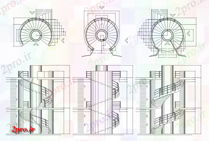 دانلود نقشه جزئیات پله و راه پله   نما جزئیات راه پله اسپیرال و طرحی  دو بعدی   (کد123945)