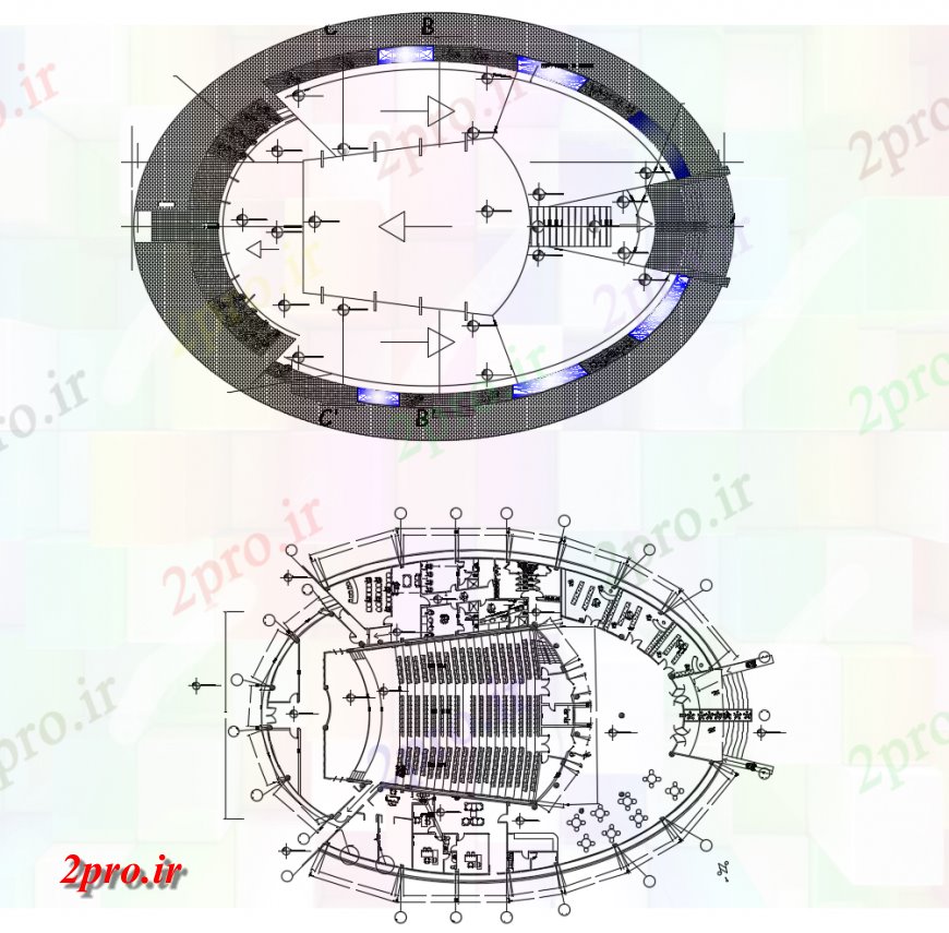 دانلود نقشه تئاتر چند منظوره - سینما - سالن کنفرانس - سالن همایشتئاتر ساخت واحدهای طراحی دو بعدی چندگانه اتوکد 48 در 64 متر (کد123948)