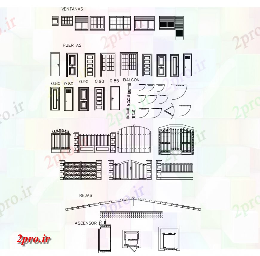 دانلود نقشه جزئیات طراحی در و پنجره  درب و جزئیات دروازه نما  دو بعدی   چیدمان اتوکد (کد124000)