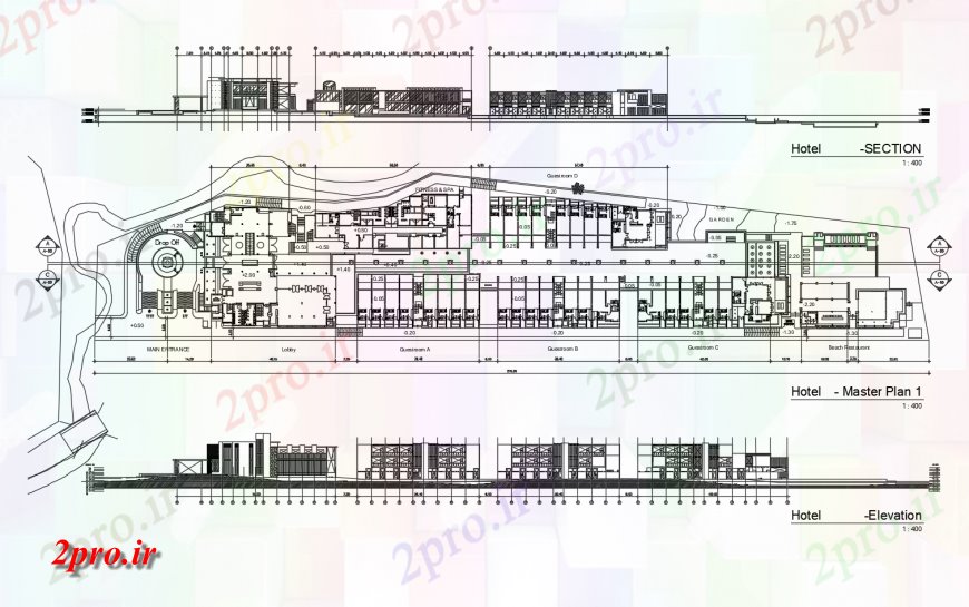 دانلود نقشه هتل - رستوران - اقامتگاه طرحی جامع ساختمان هتل، نما و بخش 43 در 270 متر (کد124011)