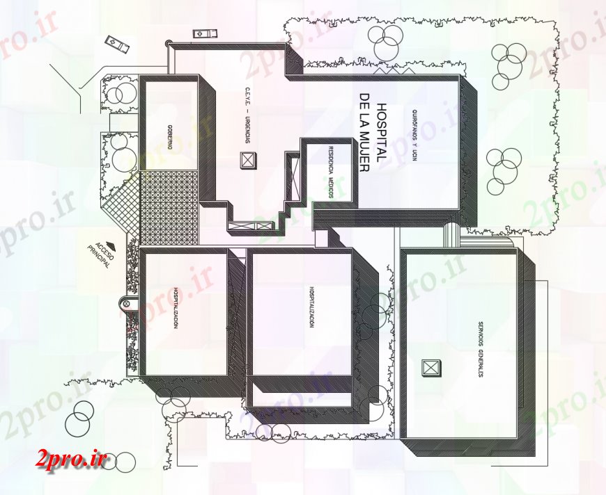 دانلود نقشه بیمارستان - درمانگاه - کلینیک بیمارستان ساختمان جزئیات طرحی دو بعدی فرمت 78 در 86 متر (کد124012)