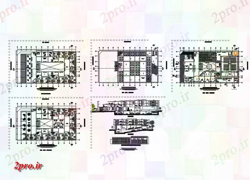 دانلود نقشه تئاتر چند منظوره - سینما - سالن کنفرانس - سالن همایشمرکز سرگرمی با نما تئاتر، بخش و طرحی طبقه جزئیات 33 در 60 متر (کد124053)