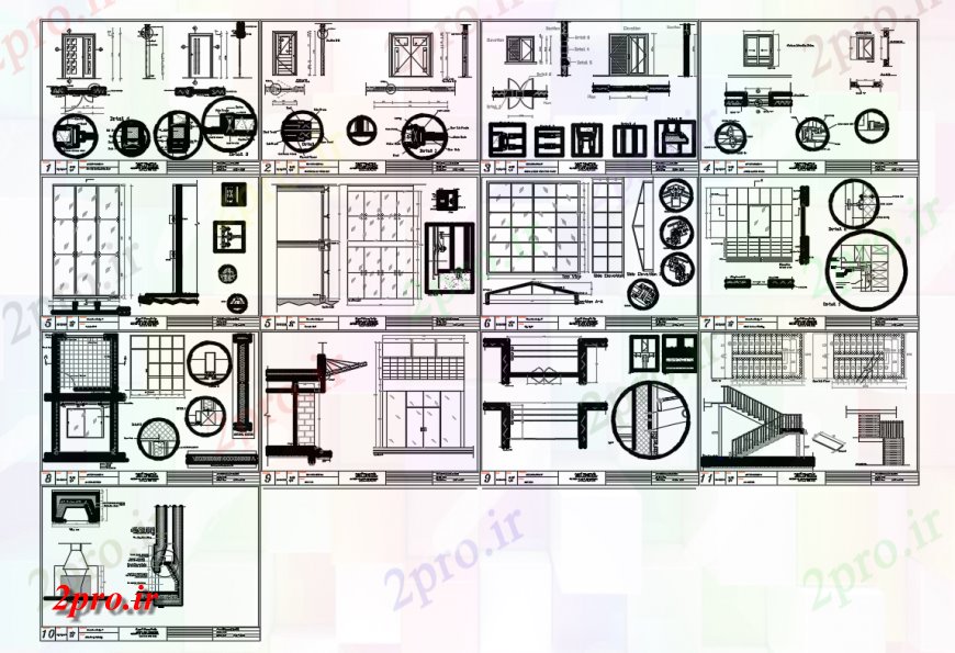 دانلود نقشه جزئیات طراحی در و پنجره  درب های متعدد و پنجره نما و نصب و راه اندازی خانه (کد124058)