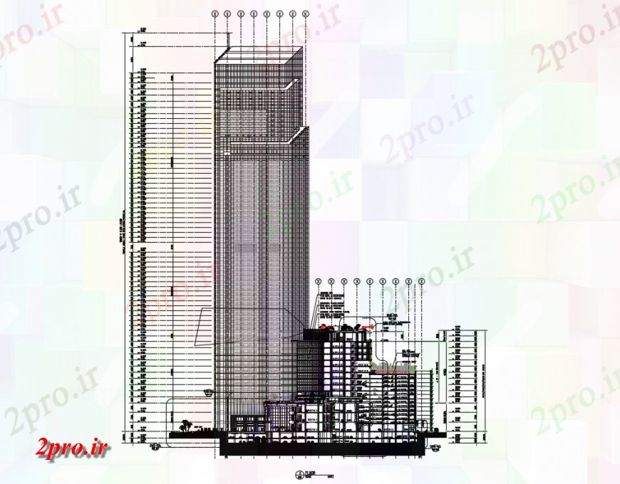 دانلود نقشه ساختمان مرتفعبلند نما برج شرکت های بزرگ با بخش  (کد124059)