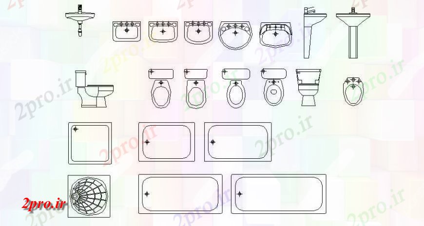 دانلود نقشه بلوک های بهداشتی سینک های متعدد، وان حمام و بلوک های بهداشتی  (کد124133)