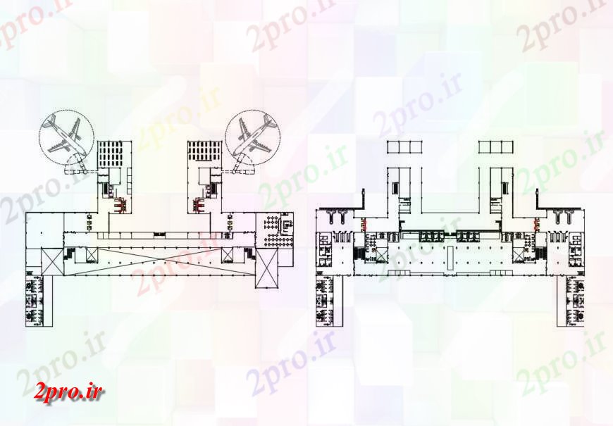 دانلود نقشه فرودگاه فرودگاه ساختمان ترمینال طرحی جزئیات  چیدمان  دو بعدی   (کد124137)